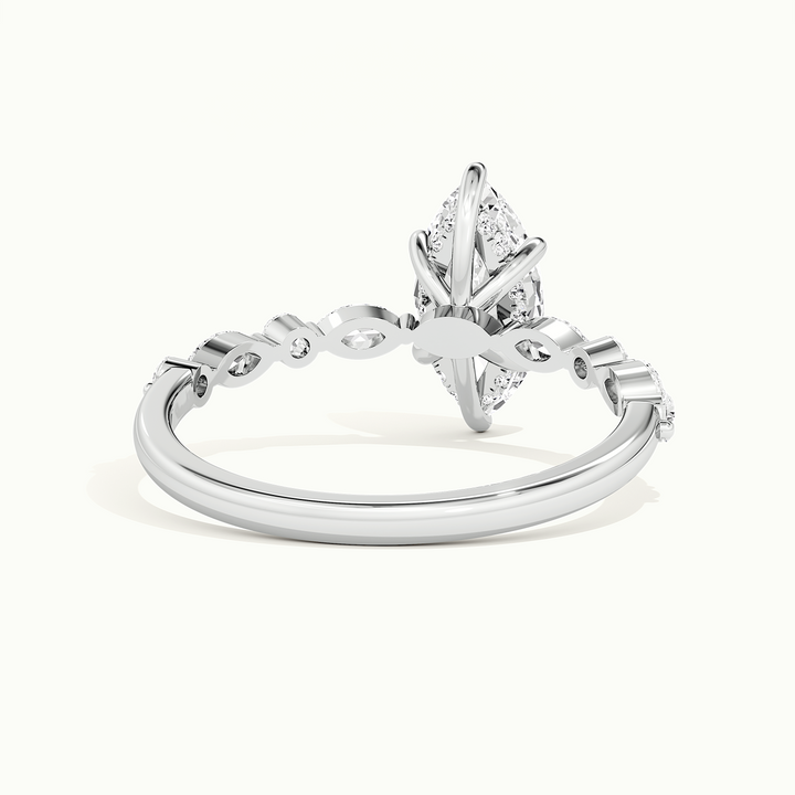 White gold marquise-cut hidden halo with marquise and round side stones, rear view showing the setting gallery