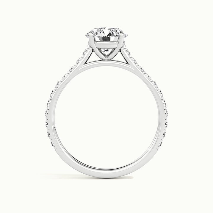 White gold round brilliant-cut cathedral pave hidden halo engagement ring, side profile showing setting height
