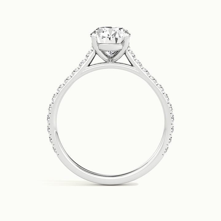 White gold oval-cut cathedral pave hidden halo engagement ring, raised three-quarter view of the setting