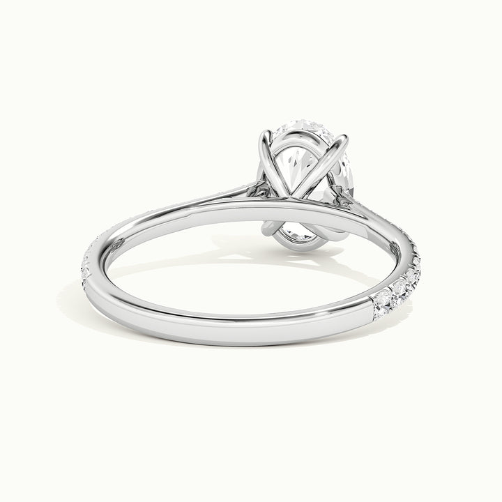 White gold oval-cut cathedral pave hidden halo engagement ring, rear view showing the setting gallery
