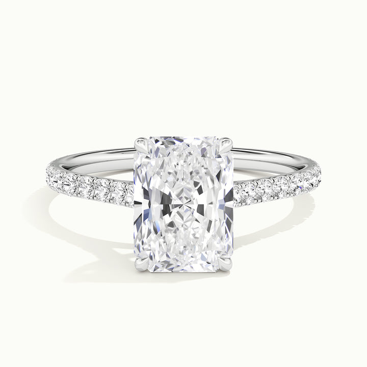 White gold radiant-cut cathedral pave hidden halo engagement ring, front view
