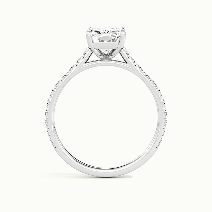 White gold radiant-cut cathedral pave hidden halo engagement ring, side profile showing setting height