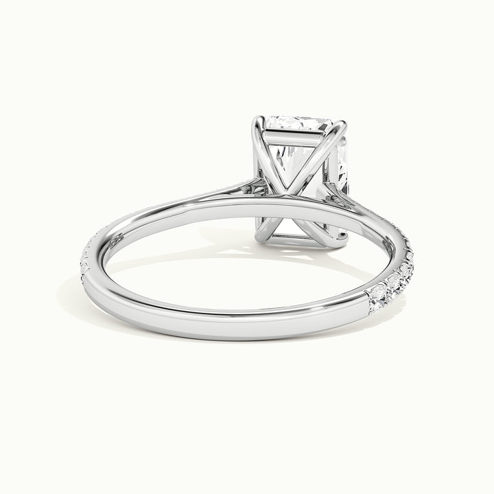 White gold radiant-cut cathedral pave hidden halo engagement ring, rear view showing the setting gallery