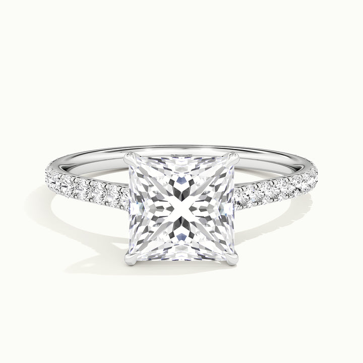 White gold princess-cut cathedral pave hidden halo engagement ring, front view