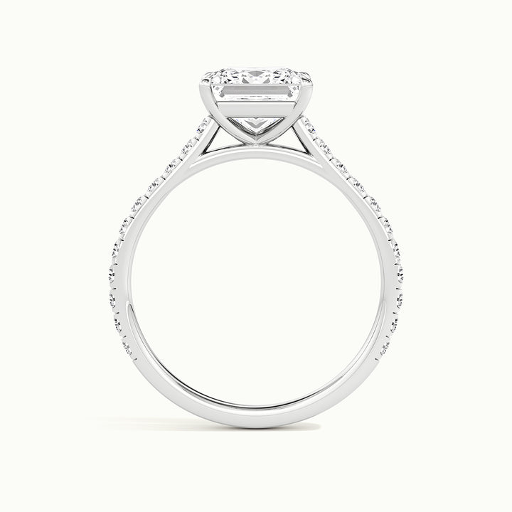 White gold princess-cut cathedral pave hidden halo engagement ring, side profile showing setting height