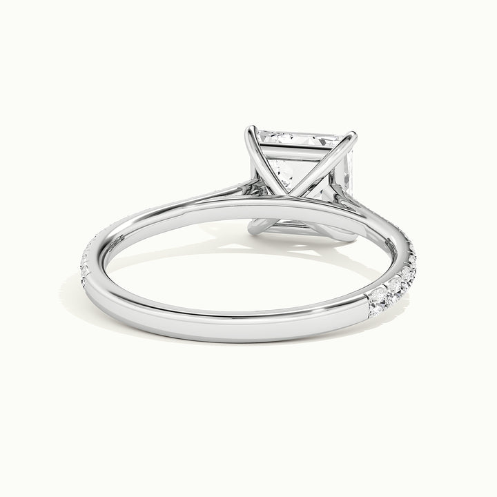 White gold princess-cut cathedral pave hidden halo engagement ring, rear view showing the setting gallery