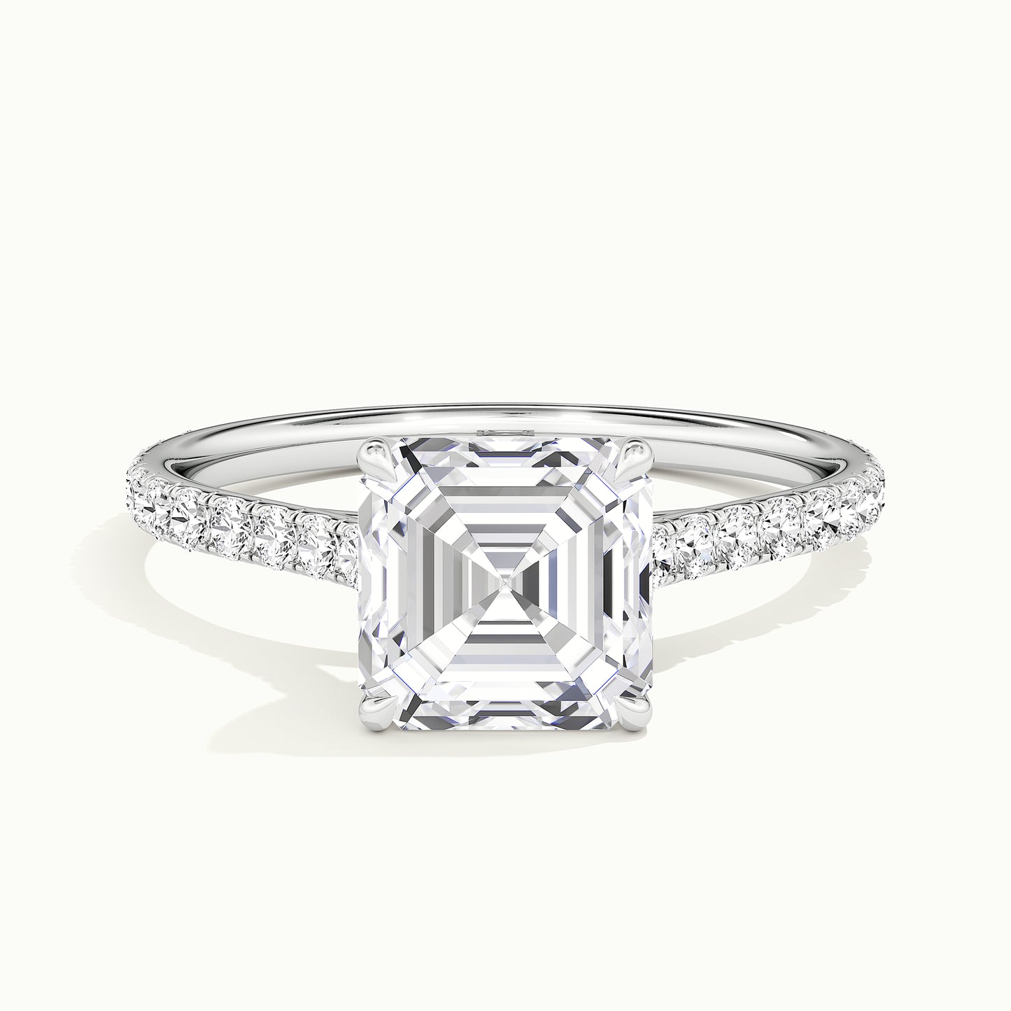 White gold Asscher-cut cathedral pave hidden halo engagement ring, front view
