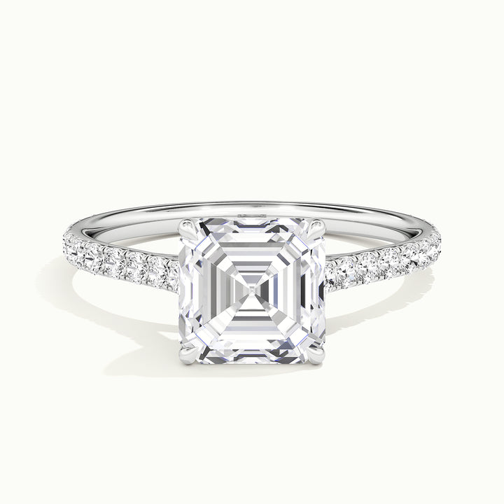 White gold Asscher-cut cathedral pave hidden halo engagement ring, front view