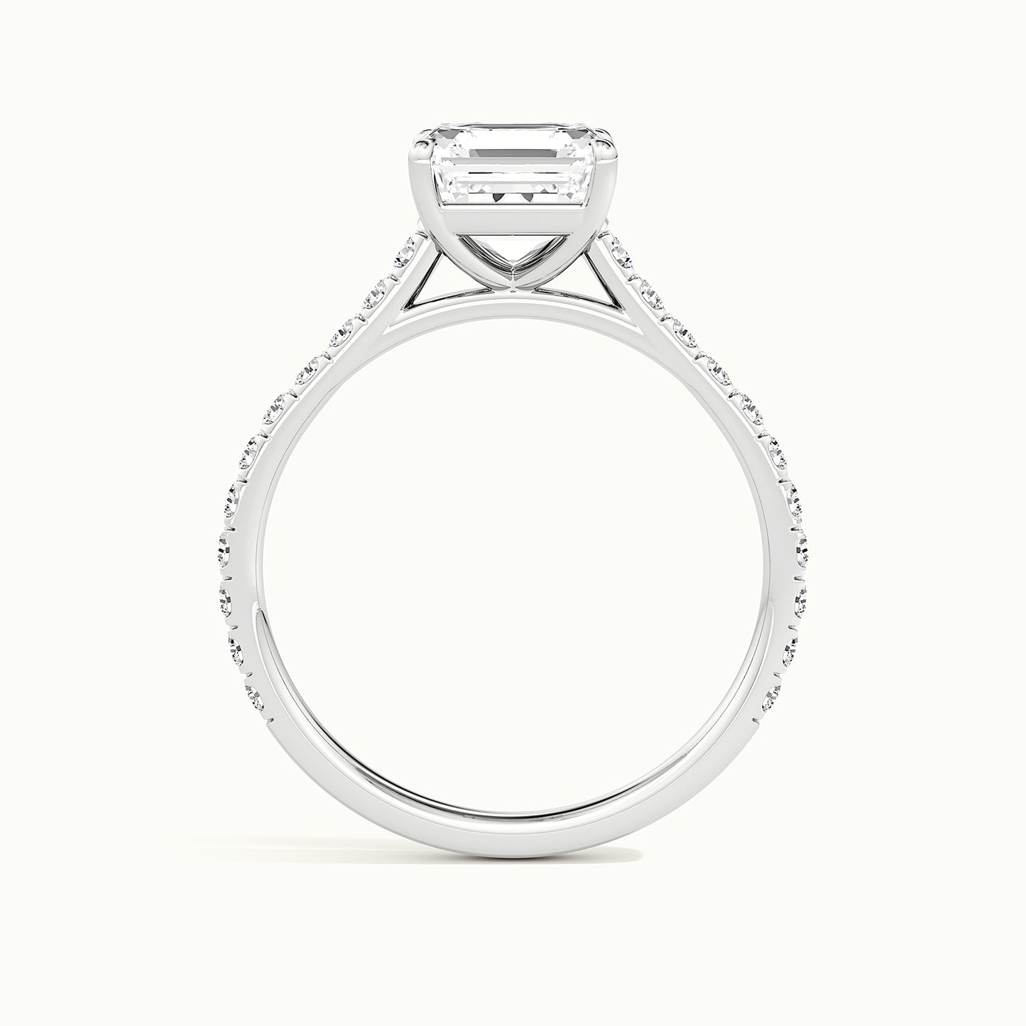 White gold Asscher-cut cathedral pave hidden halo engagement ring, side profile showing setting height