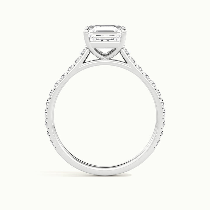 White gold Asscher-cut cathedral pave hidden halo engagement ring, side profile showing setting height