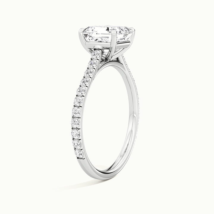 White gold Asscher-cut cathedral pave hidden halo engagement ring, raised three-quarter view of the setting