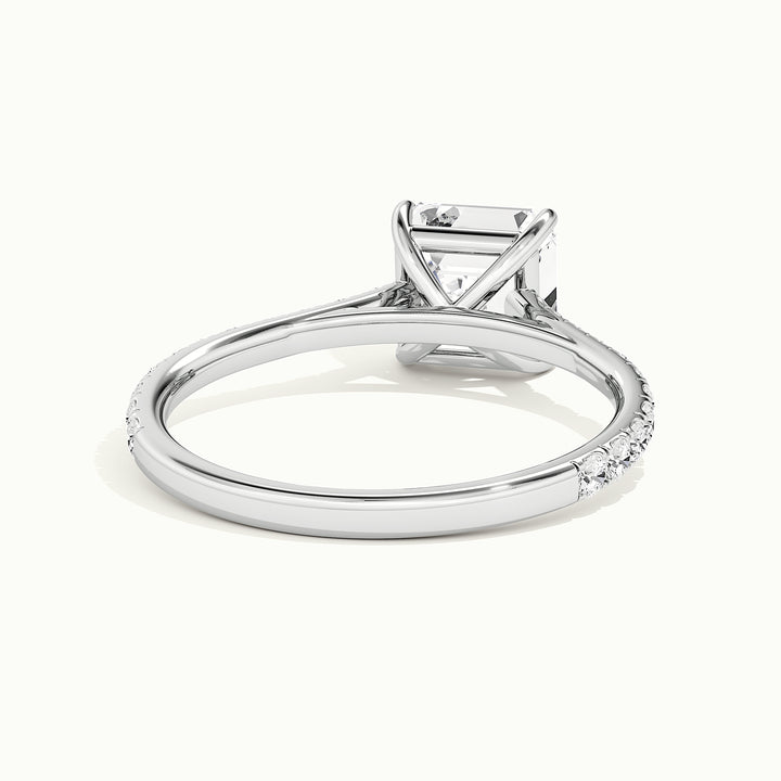 White gold Asscher-cut cathedral pave hidden halo engagement ring, rear view showing the setting gallery