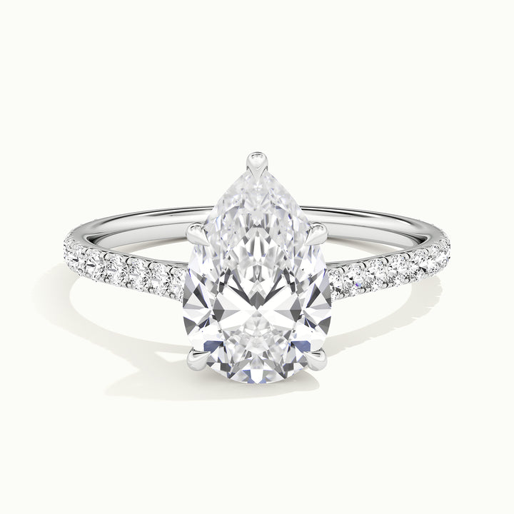 White gold pear-cut cathedral pave hidden halo engagement ring, front view
