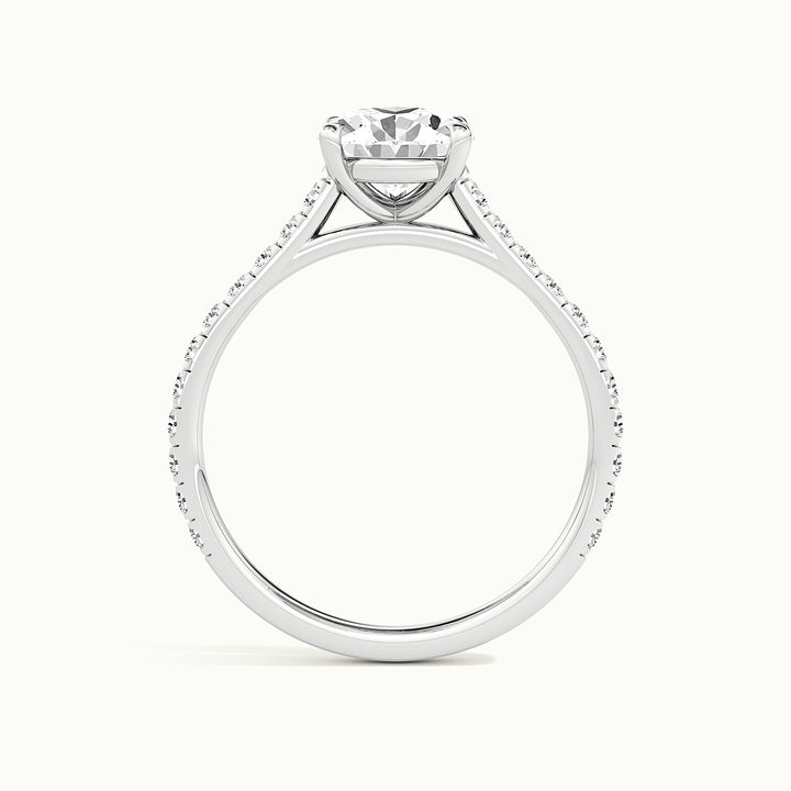 White gold pear-cut cathedral pave hidden halo engagement ring, side profile showing setting height