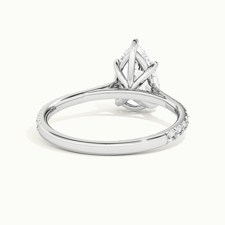 White gold pear-cut cathedral pave hidden halo engagement ring, rear view showing the setting gallery