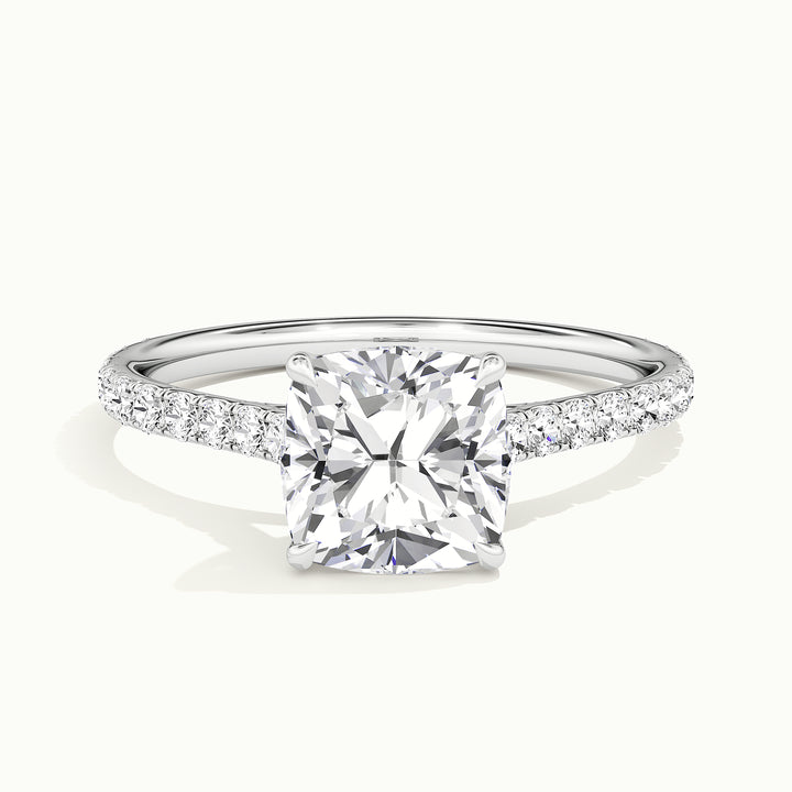 White gold cushion-cut cathedral pave hidden halo engagement ring, front view