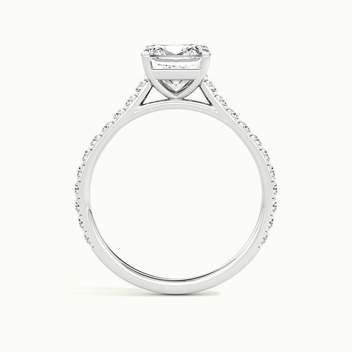 White gold cushion-cut cathedral pave hidden halo engagement ring, side profile showing setting height