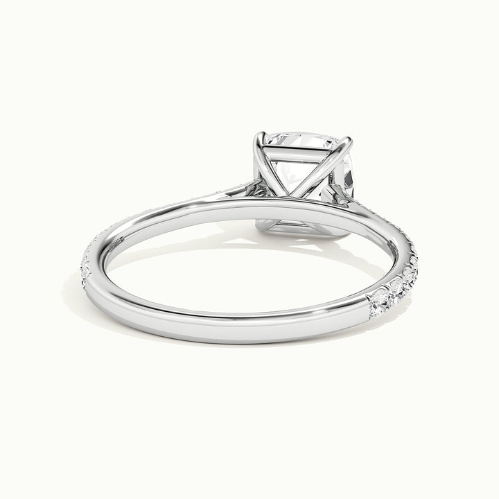 White gold cushion-cut cathedral pave hidden halo engagement ring, rear view showing the setting gallery