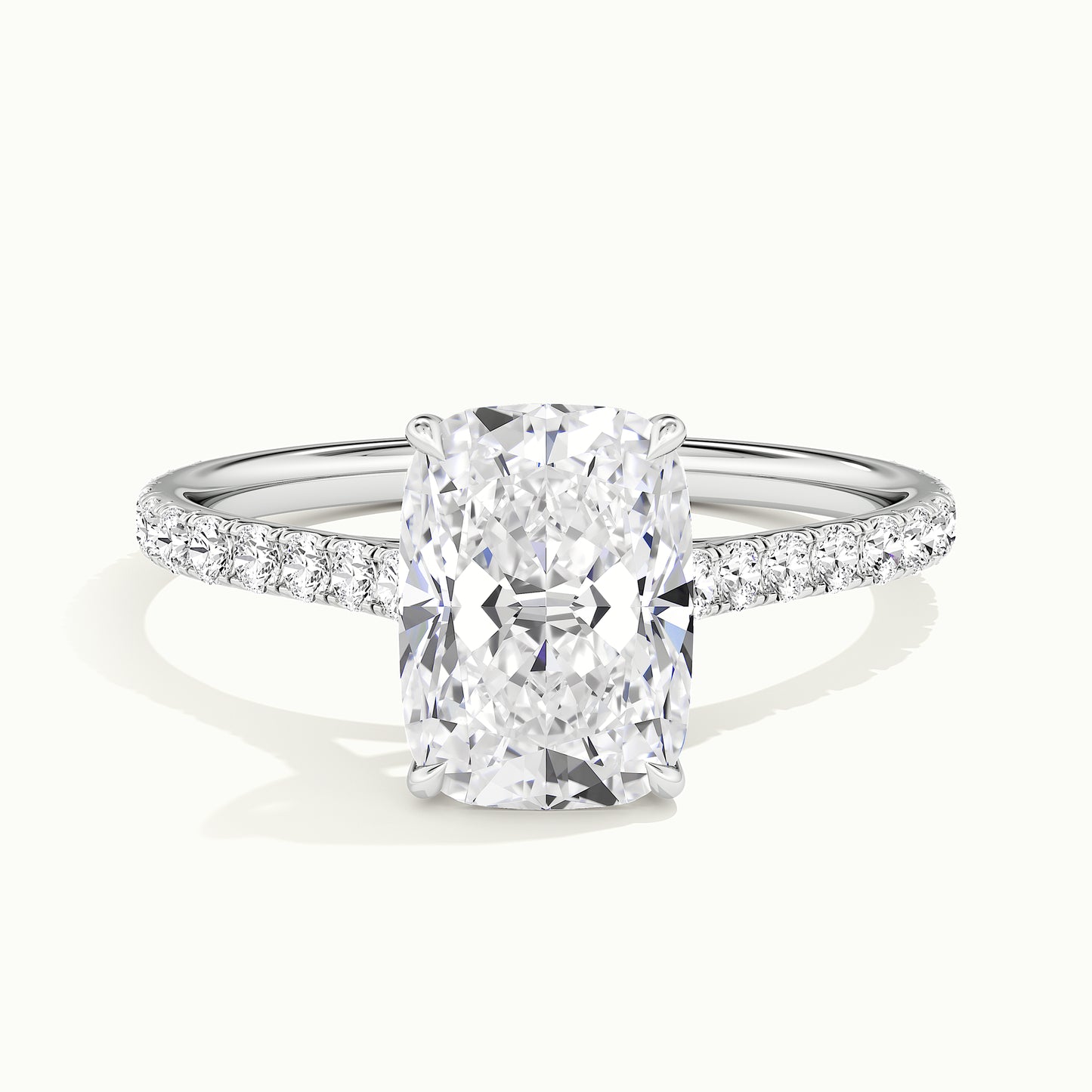 White gold elongated cushion-cut cathedral pave hidden halo engagement ring, front view