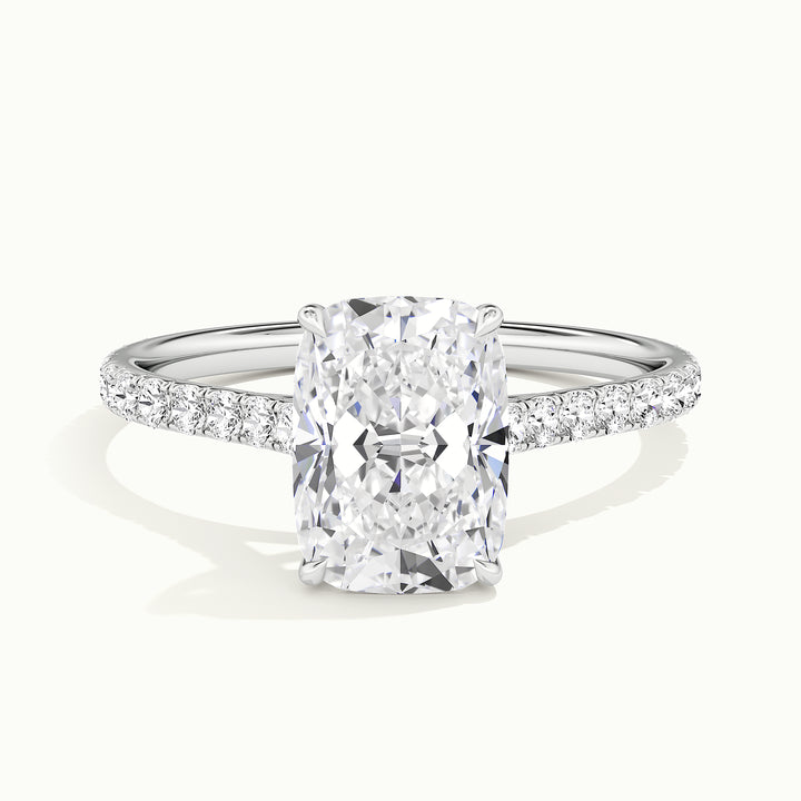 White gold elongated cushion-cut cathedral pave hidden halo engagement ring, front view