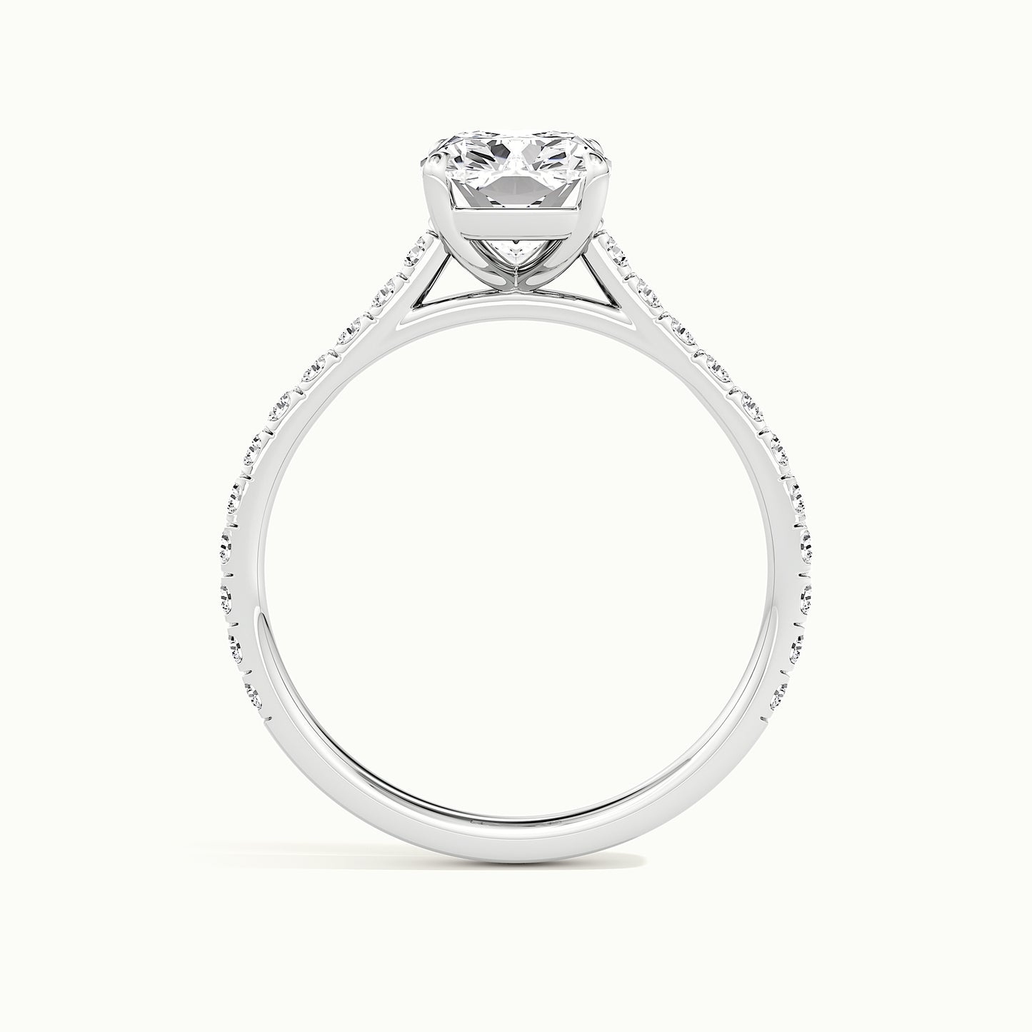 White gold elongated cushion-cut cathedral pave hidden halo engagement ring, side profile showing setting height