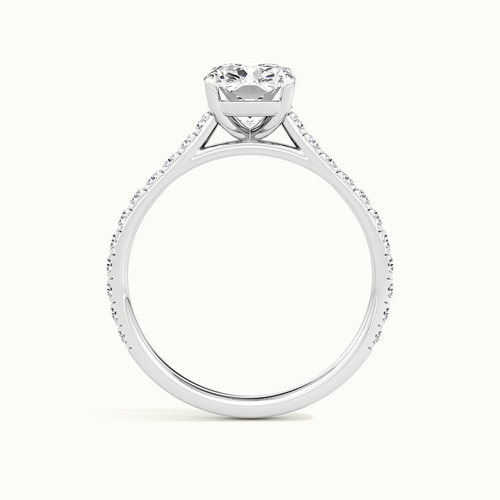 White gold elongated cushion-cut cathedral pave hidden halo engagement ring, side profile showing setting height