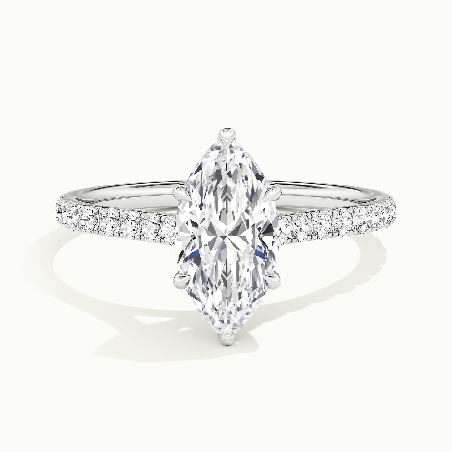 White gold marquise-cut cathedral pave hidden halo engagement ring, front view
