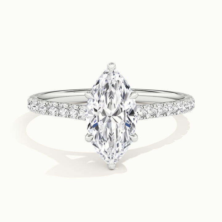 White gold marquise-cut cathedral pave hidden halo engagement ring, front view