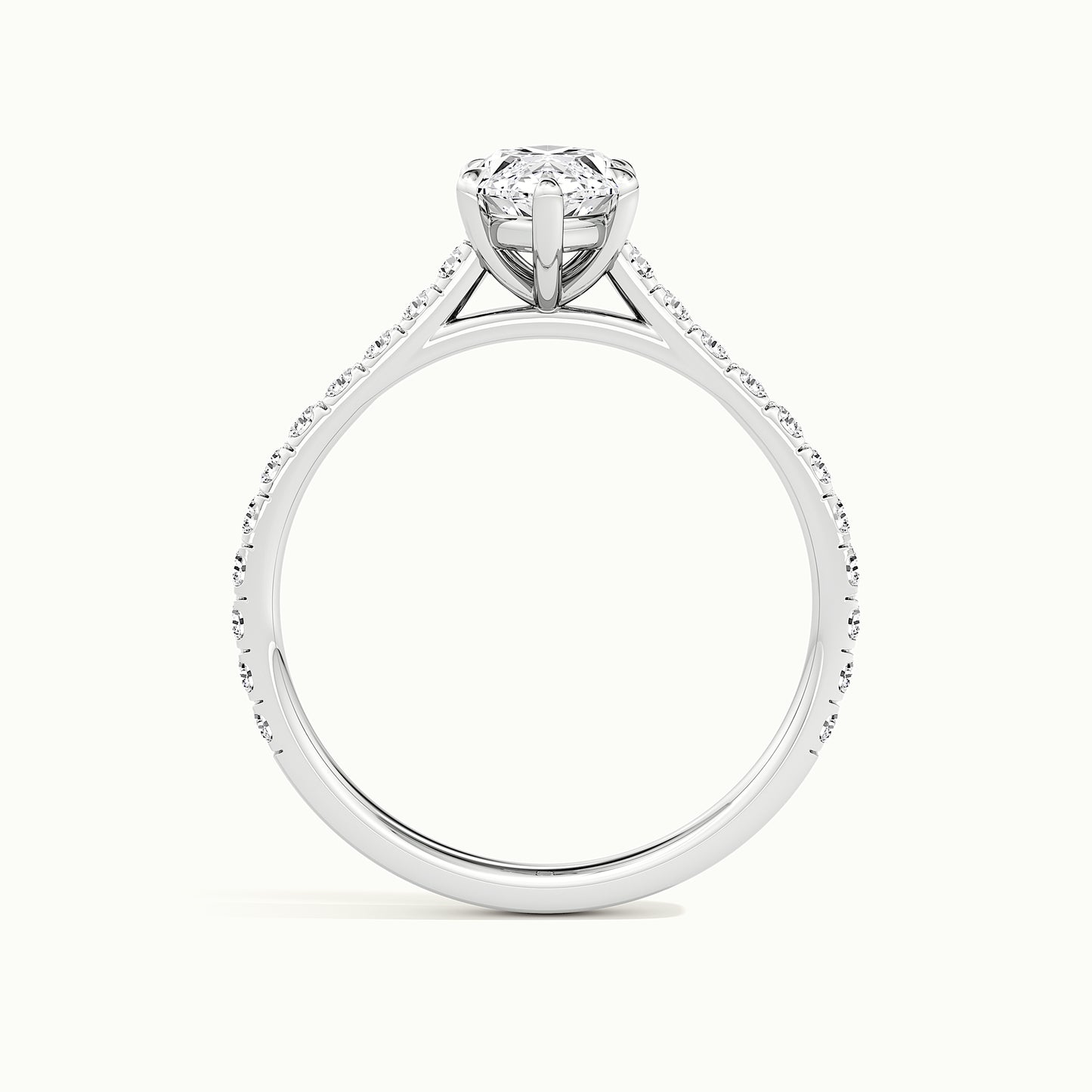 White gold marquise-cut cathedral pave hidden halo engagement ring, side profile showing setting height
