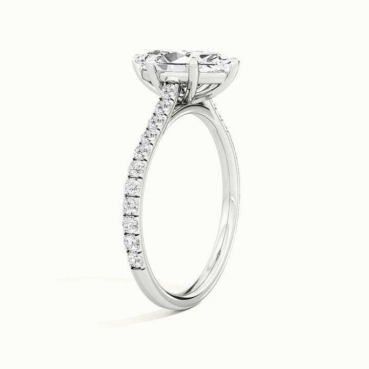 White gold marquise-cut cathedral pave hidden halo engagement ring, raised three-quarter view of the setting