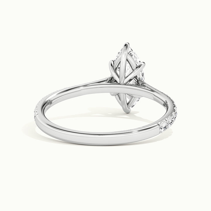 White gold marquise-cut cathedral pave hidden halo engagement ring, rear view showing the setting gallery