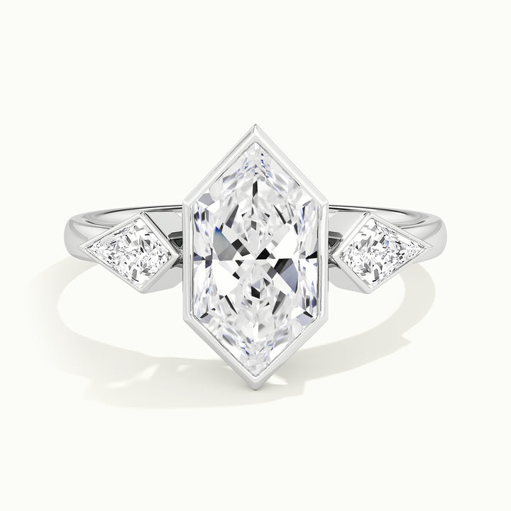 White gold Dutch marquise-cut bezel-set three-stone engagement ring, front view