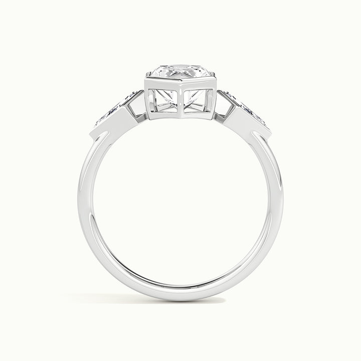 White gold Dutch marquise-cut bezel-set three-stone engagement ring, side profile showing setting height