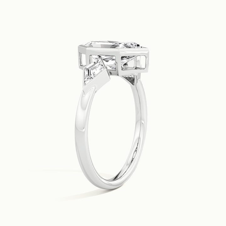 White gold Dutch marquise-cut bezel-set three-stone engagement ring, raised three-quarter view of the setting