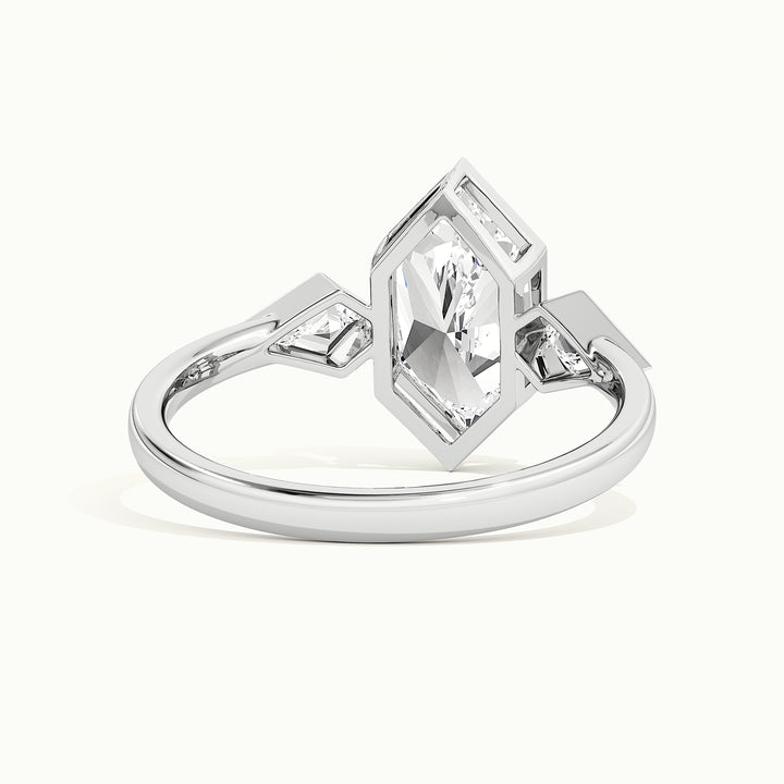 White gold Dutch marquise-cut bezel-set three-stone engagement ring, rear view showing the setting gallery