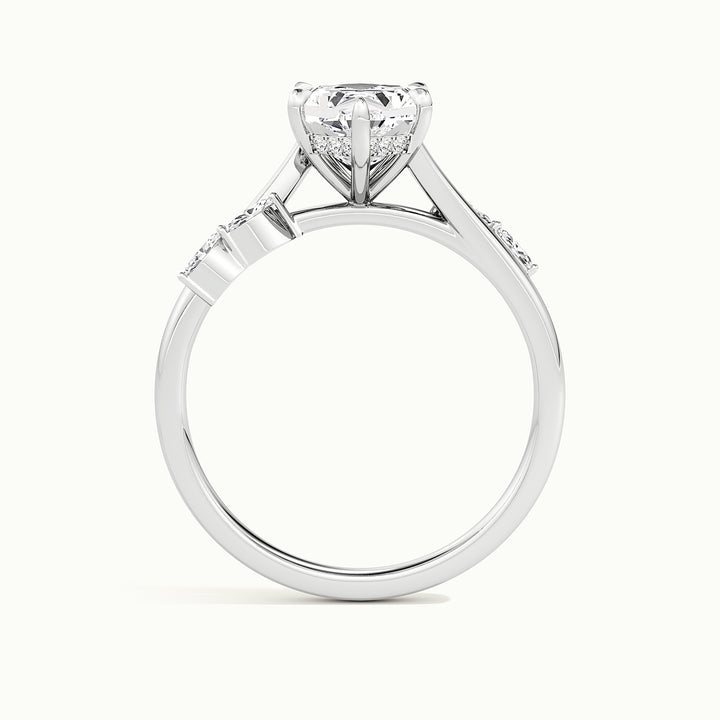 White gold Dutch marquise-cut hidden halo engagement ring, side profile showing setting height