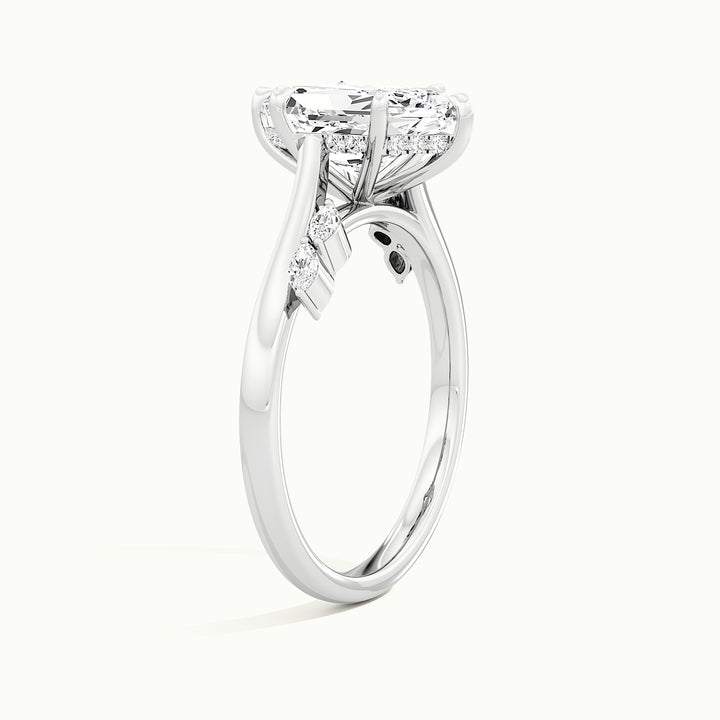 White gold Dutch marquise-cut hidden halo engagement ring, raised three-quarter view of the setting