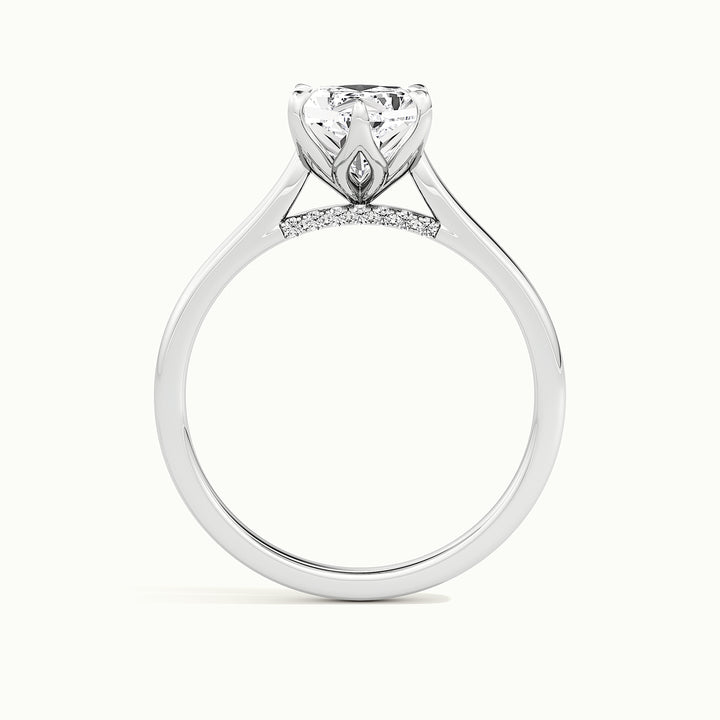 White gold Dutch marquise-cut tulip setting solitaire with pave bridge engagement ring, side profile showing setting height
