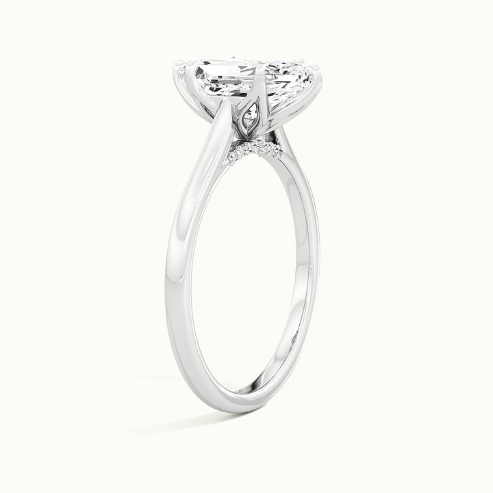White gold Dutch marquise-cut tulip setting solitaire with pave bridge engagement ring, three-quarter view