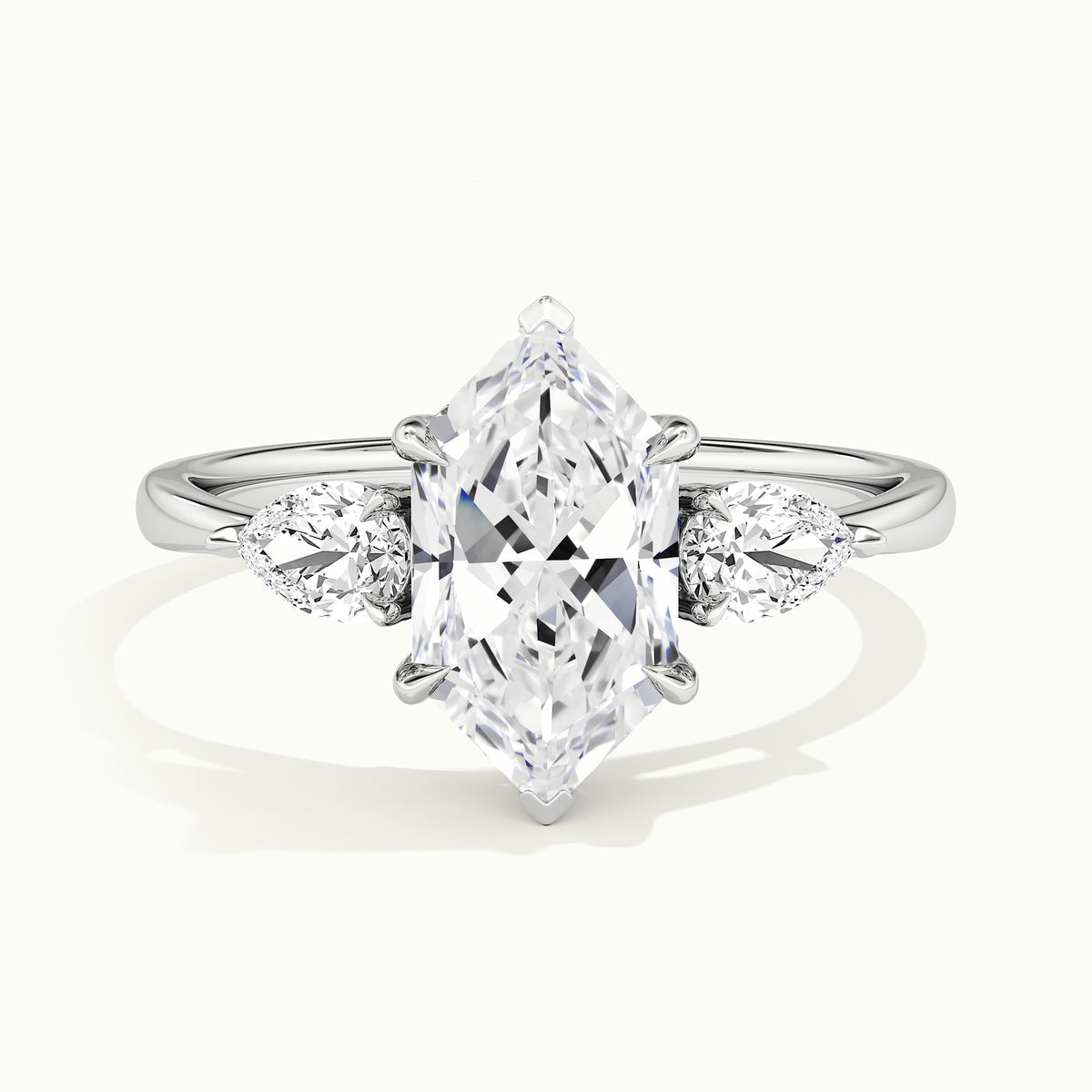 White gold Dutch marquise-cut three-stone engagement ring, front view