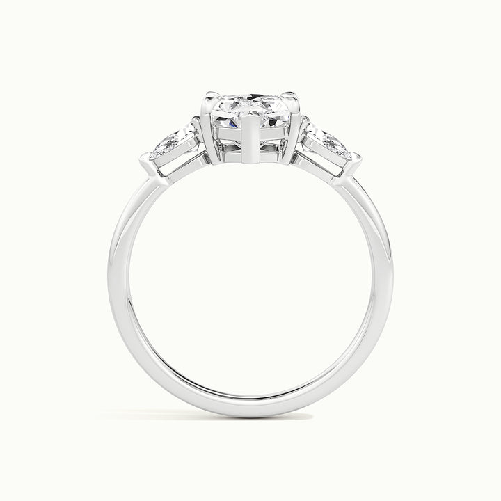 White gold Dutch marquise-cut three-stone engagement ring, side profile showing setting height