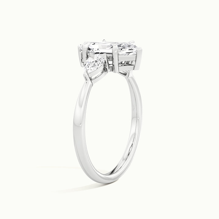 White gold Dutch marquise-cut three-stone engagement ring, raised three-quarter view of the setting