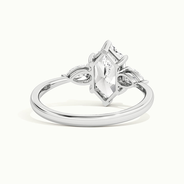 White gold Dutch marquise-cut three-stone engagement ring, rear view showing the setting gallery