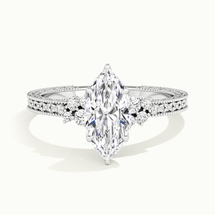 White gold marquise-cut vintage-inspired filigree engagement ring, front view