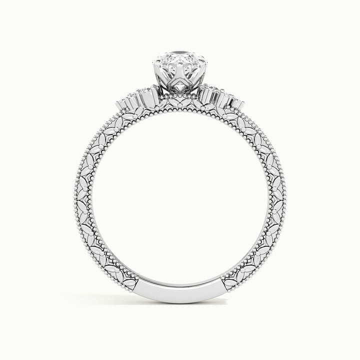 White gold marquise-cut vintage-inspired filigree engagement ring, side profile showing setting height
