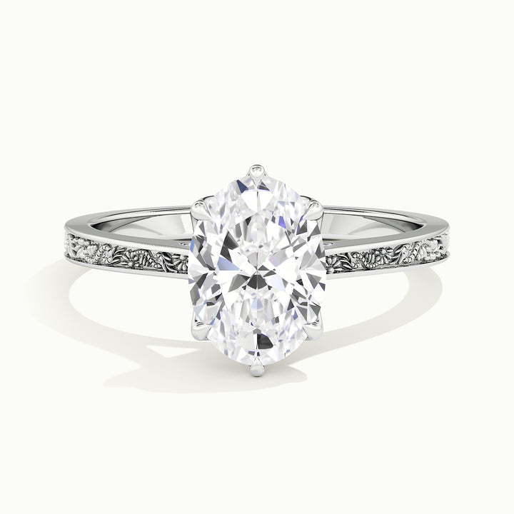 White gold oval-cut vintage-inspired tulip setting engagement ring, front view