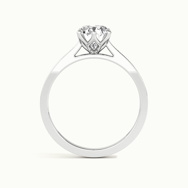 White gold oval-cut vintage-inspired tulip setting engagement ring, side profile showing setting height