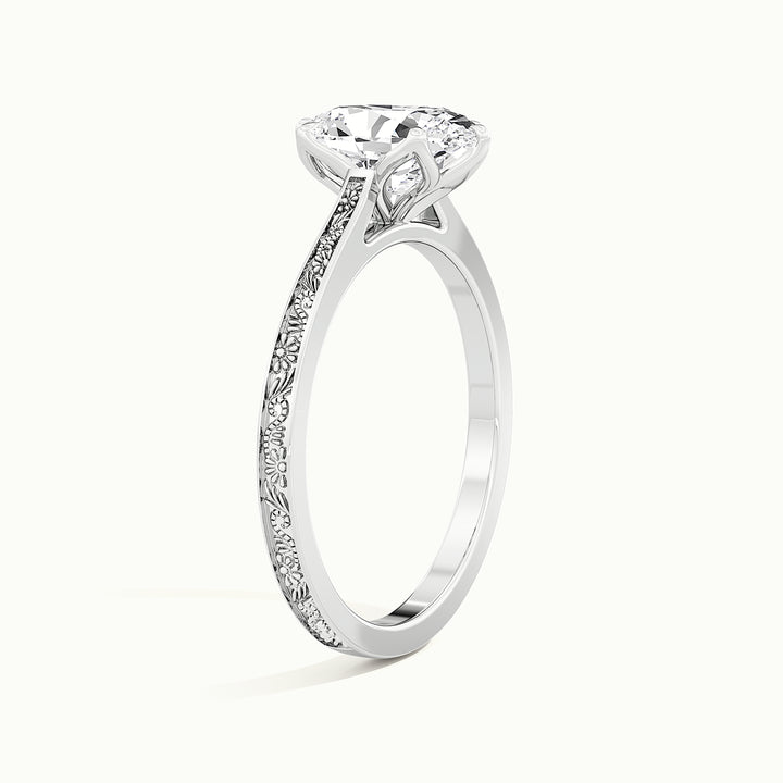 White gold oval-cut vintage-inspired tulip setting engagement ring, raised three-quarter view of the setting