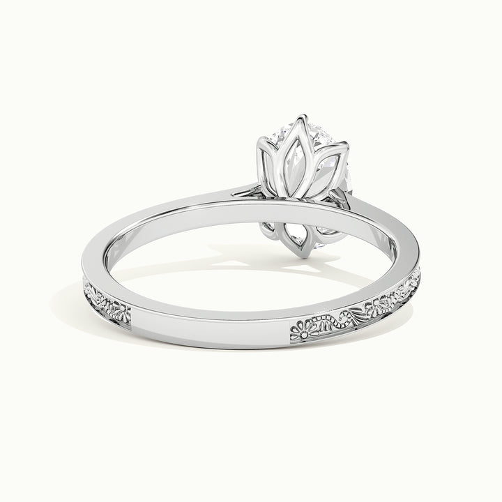 White gold oval-cut vintage-inspired tulip setting engagement ring, rear view showing the setting gallery