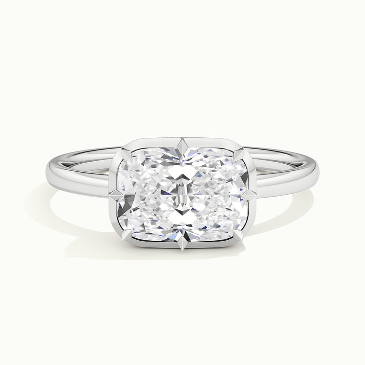 White gold elongated cushion-cut east-west button back engagement ring, front view
